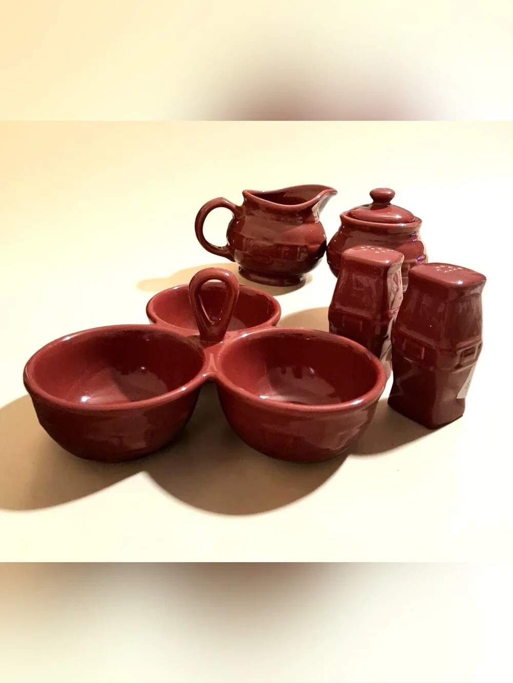 Longaberger Paprika Red Pottery Relish Cream Sugar, Salt Pepper Lot Of 6